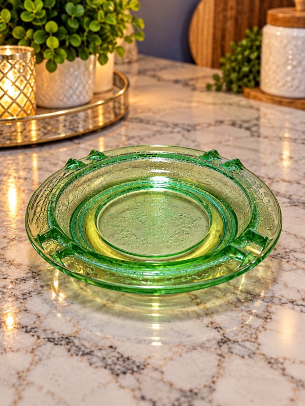 Vintage Hazel Atlas Florentine No. 2 Green Depression Glass Ashtray 5.5" MINT